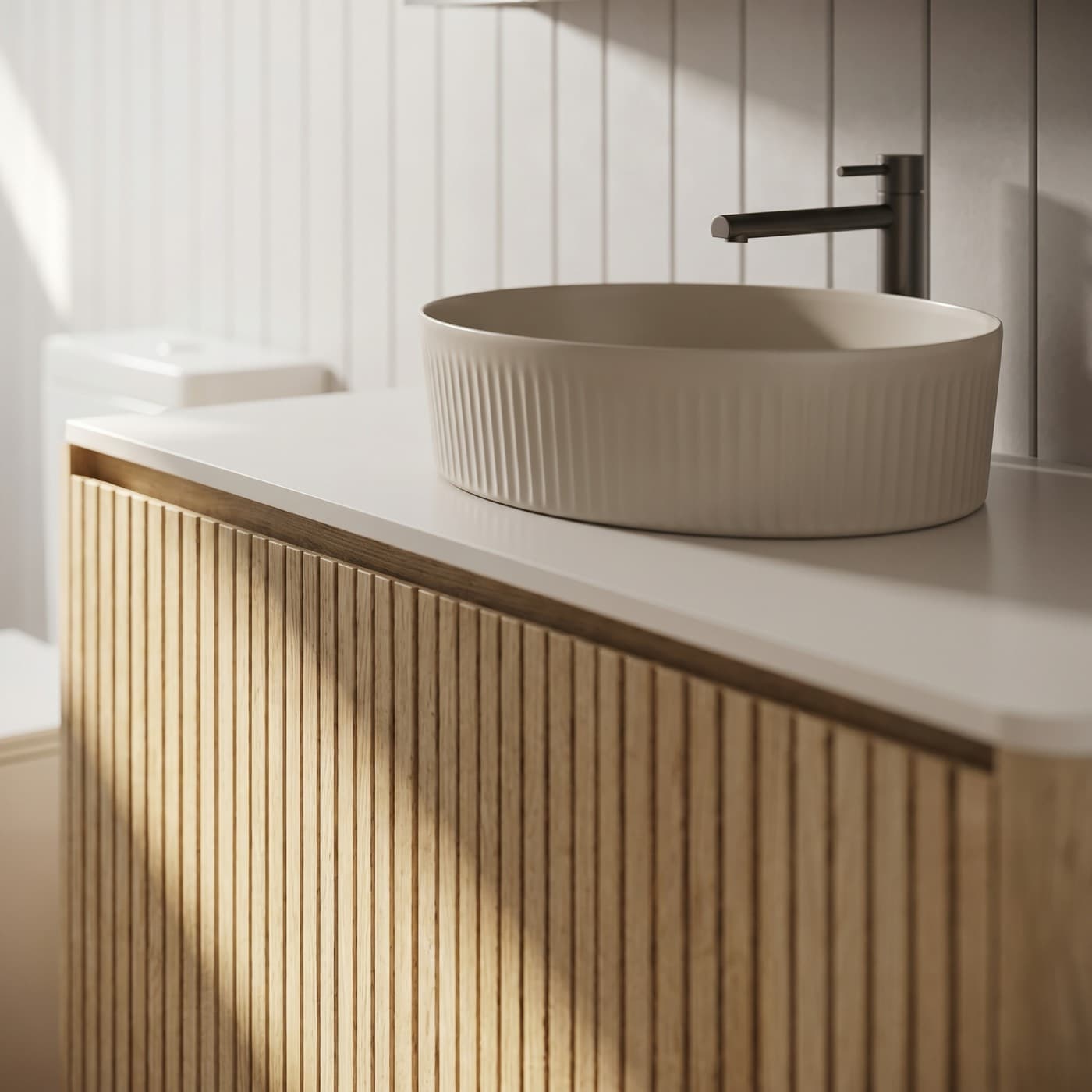 Bathroom detail — fluted timber vanity and basin